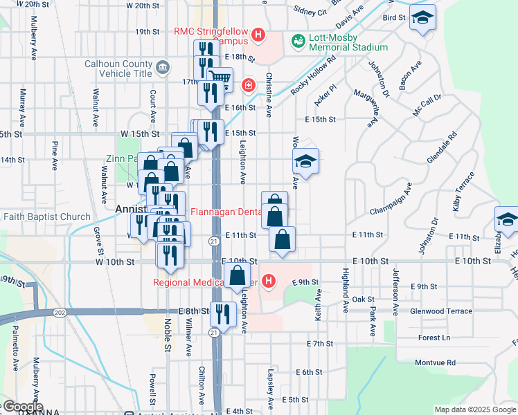 map of restaurants, bars, coffee shops, grocery stores, and more near 317 East 12th Street in Anniston