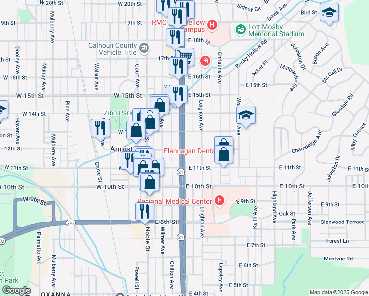 map of restaurants, bars, coffee shops, grocery stores, and more near 1205 Quintard Avenue in Anniston
