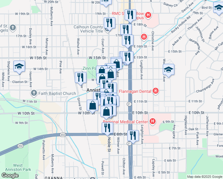 map of restaurants, bars, coffee shops, grocery stores, and more near 1201 Noble Street in Anniston