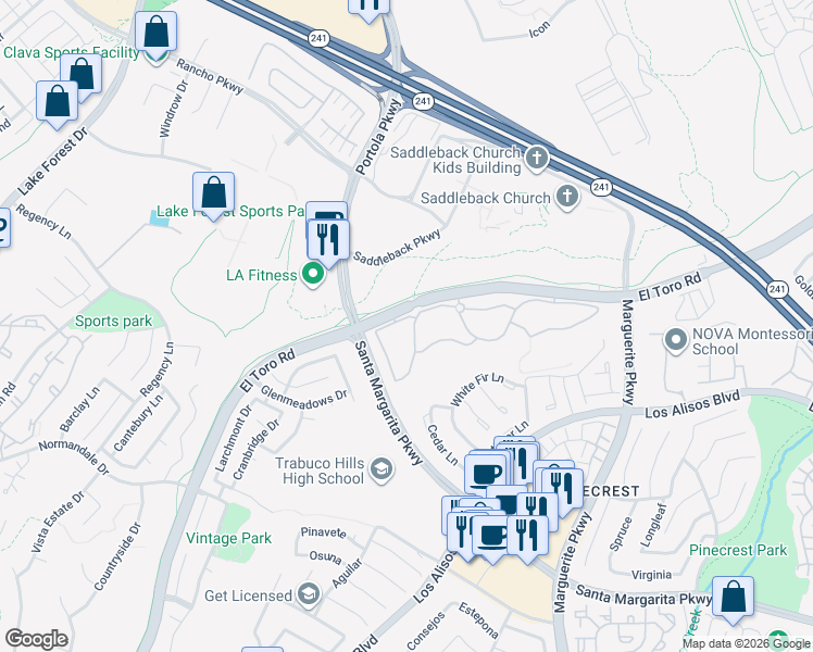 map of restaurants, bars, coffee shops, grocery stores, and more near 20702 El Toro Road in Lake Forest