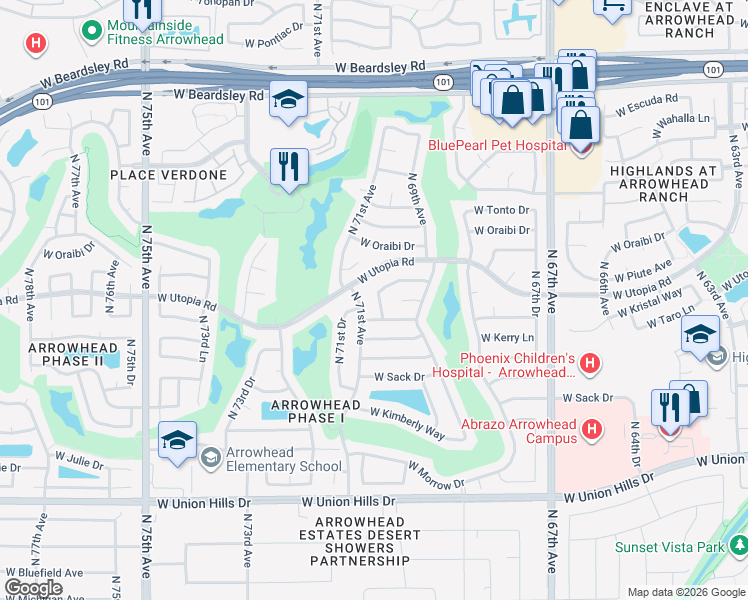 map of restaurants, bars, coffee shops, grocery stores, and more near 19222 North 70th Avenue in Glendale