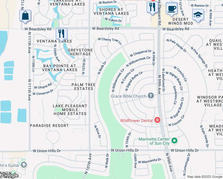 map of restaurants, bars, coffee shops, grocery stores, and more near 19434 North Willowcreek Circle in Sun City