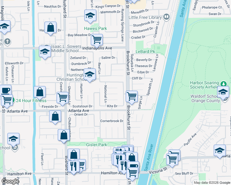 map of restaurants, bars, coffee shops, grocery stores, and more near 9881 Dragon Circle in Huntington Beach