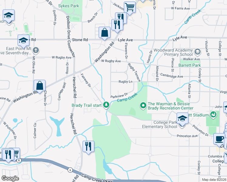 map of restaurants, bars, coffee shops, grocery stores, and more near 3504 Parkview Drive in College Park