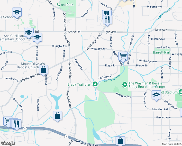 map of restaurants, bars, coffee shops, grocery stores, and more near 2416 Misty Hollow Place in College Park