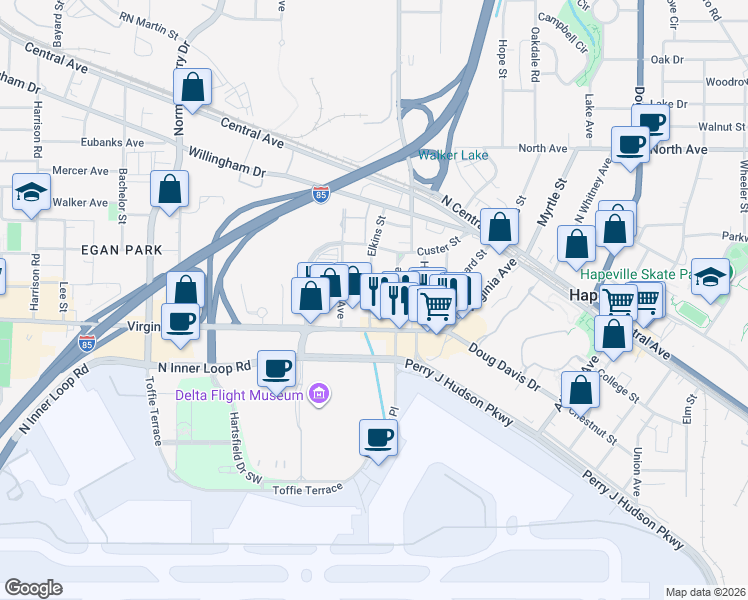 map of restaurants, bars, coffee shops, grocery stores, and more near 3460 Lang Avenue in Hapeville