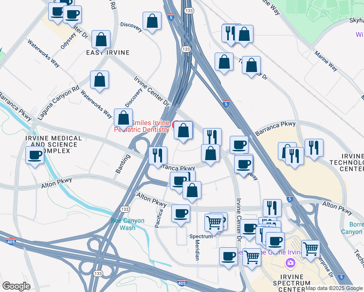 map of restaurants, bars, coffee shops, grocery stores, and more near 111 Pacifica in Irvine