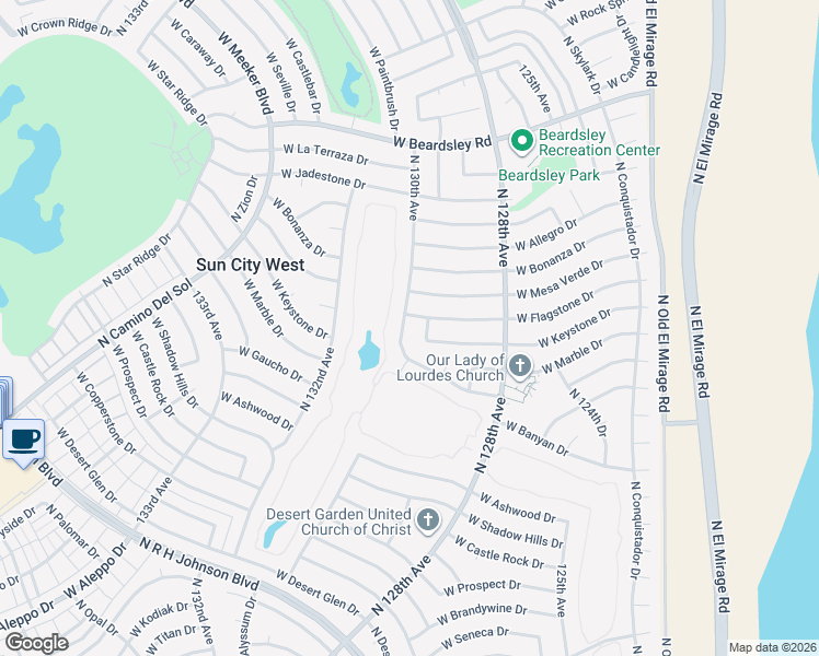 map of restaurants, bars, coffee shops, grocery stores, and more near 19227 N 130th Ave in Sun City West