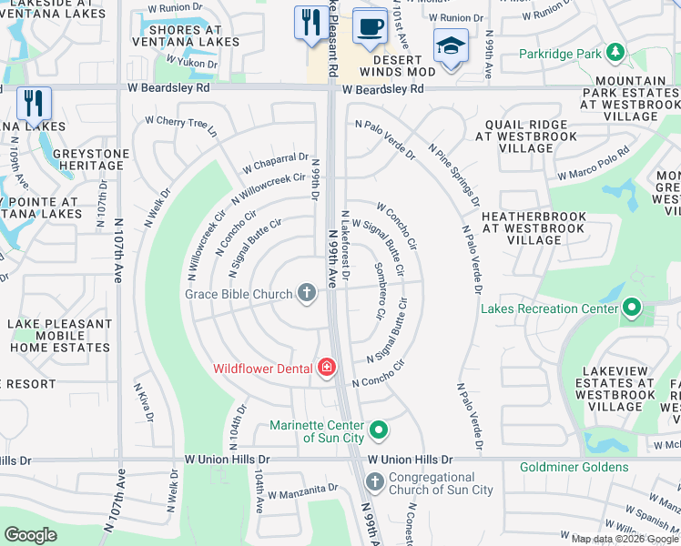 map of restaurants, bars, coffee shops, grocery stores, and more near 19410 North Lakeforest Drive in Sun City