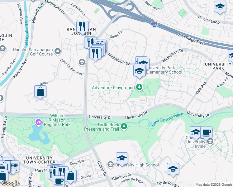 map of restaurants, bars, coffee shops, grocery stores, and more near 24 Meadowsweet Way in Irvine