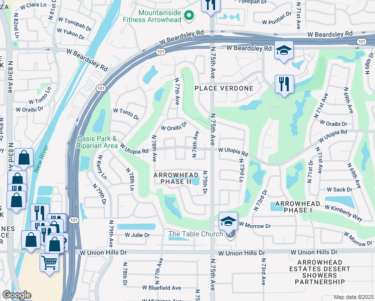 map of restaurants, bars, coffee shops, grocery stores, and more near 19319 North 76th Drive in Glendale