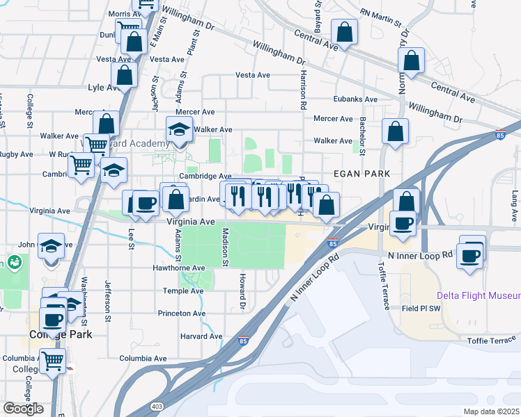 map of restaurants, bars, coffee shops, grocery stores, and more near 1448 Hardin Avenue in College Park