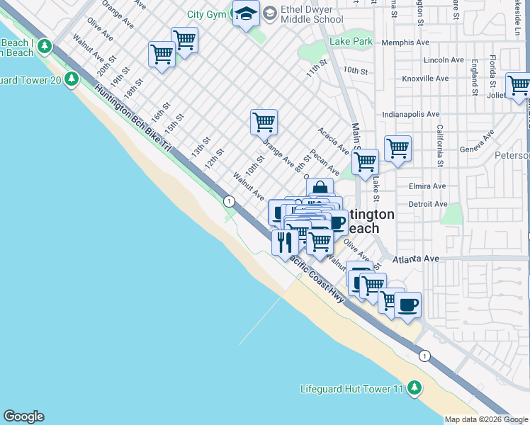 map of restaurants, bars, coffee shops, grocery stores, and more near 118 8th Street in Huntington Beach