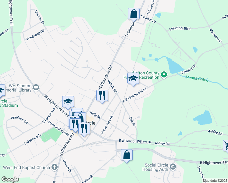 map of restaurants, bars, coffee shops, grocery stores, and more near 191 Oak Drive Northeast in Social Circle
