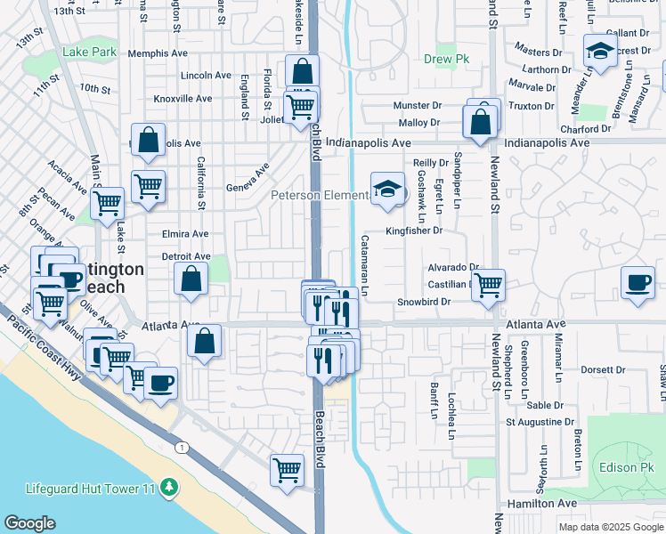 map of restaurants, bars, coffee shops, grocery stores, and more near 20938 Cabrillo Lane in Huntington Beach