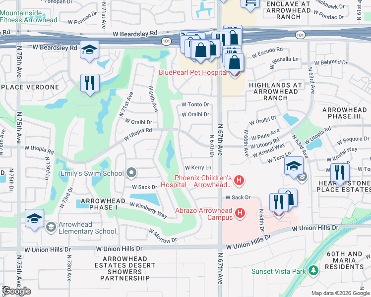 map of restaurants, bars, coffee shops, grocery stores, and more near 19321 North 68th Avenue in Glendale