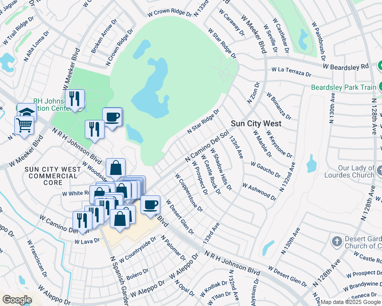 map of restaurants, bars, coffee shops, grocery stores, and more near 19402 North Camino Del Sol in Sun City West