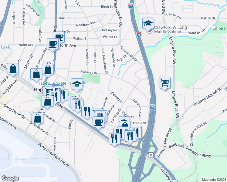 map of restaurants, bars, coffee shops, grocery stores, and more near 493 Barnett Drive in Hapeville