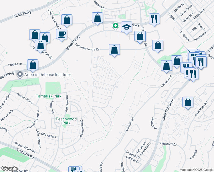map of restaurants, bars, coffee shops, grocery stores, and more near 574 Catalonia in Lake Forest