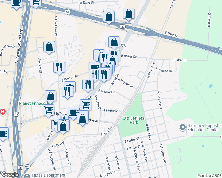 map of restaurants, bars, coffee shops, grocery stores, and more near 2103 Loy Drive in Sherman