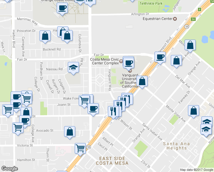 map of restaurants, bars, coffee shops, grocery stores, and more near 110 Danbury Lane in Costa Mesa