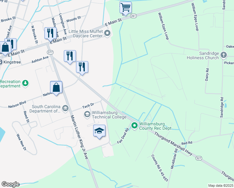map of restaurants, bars, coffee shops, grocery stores, and more near 116 Memorial Drive in Kingstree