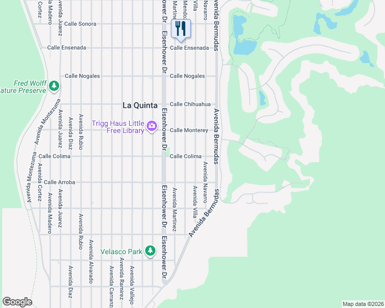 map of restaurants, bars, coffee shops, grocery stores, and more near 77890 Calle Colima in La Quinta