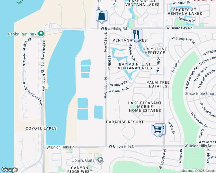 map of restaurants, bars, coffee shops, grocery stores, and more near 19356 North 110th Lane in Sun City