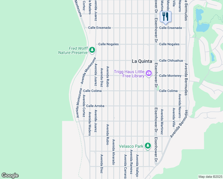 map of restaurants, bars, coffee shops, grocery stores, and more near 53485 Avenue Alvarado in La Quinta