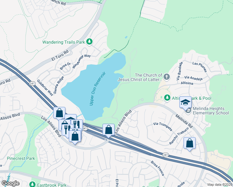 map of restaurants, bars, coffee shops, grocery stores, and more near Oso Lake Scout Camp in Rancho Santa Margarita