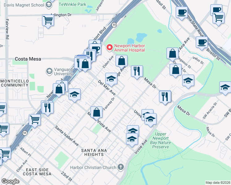 map of restaurants, bars, coffee shops, grocery stores, and more near 228 Del Mar Avenue in Costa Mesa