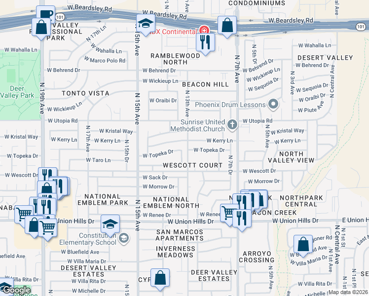 map of restaurants, bars, coffee shops, grocery stores, and more near 19041 North 13th Drive in Phoenix