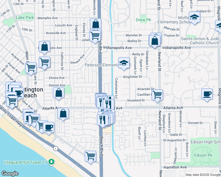 map of restaurants, bars, coffee shops, grocery stores, and more near 20928 Monarch Lane in Huntington Beach