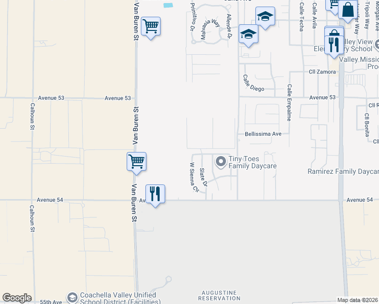 map of restaurants, bars, coffee shops, grocery stores, and more near 53687 West Sienna Circle in Coachella
