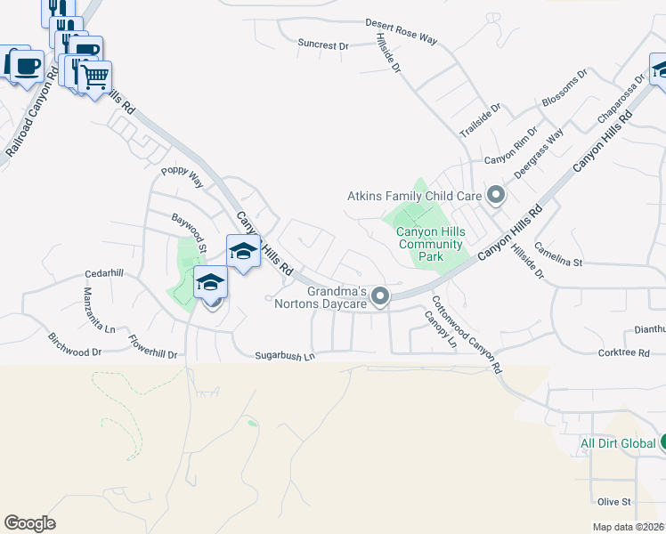 map of restaurants, bars, coffee shops, grocery stores, and more near 32589 Winterberry Lane in Lake Elsinore