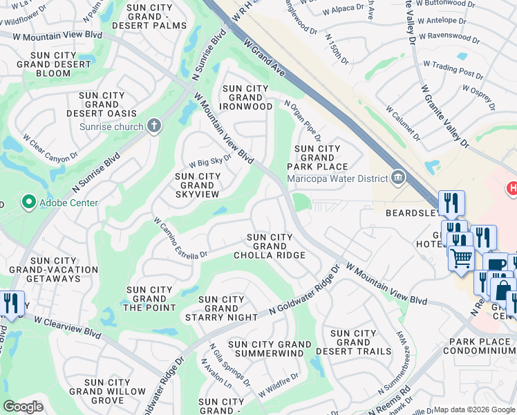 map of restaurants, bars, coffee shops, grocery stores, and more near 19755 North Lone Cactus Drive in Surprise