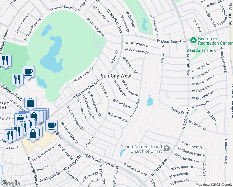 map of restaurants, bars, coffee shops, grocery stores, and more near 13230 Bellwood Drive in Sun City West