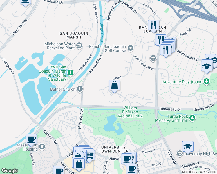 map of restaurants, bars, coffee shops, grocery stores, and more near 18 Arboles in Irvine