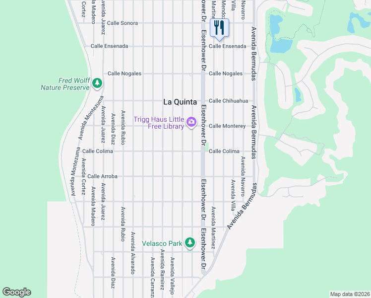 map of restaurants, bars, coffee shops, grocery stores, and more near 53460 Avenue Herrera in La Quinta