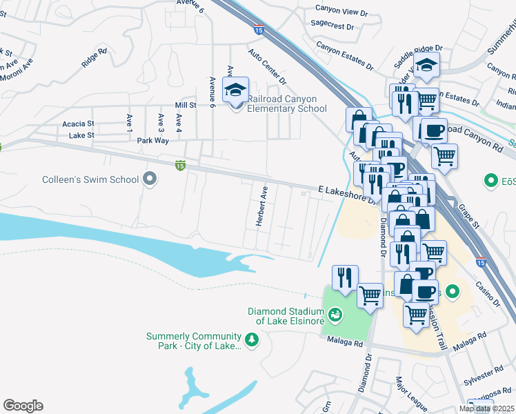 map of restaurants, bars, coffee shops, grocery stores, and more near Herbert Street in Lake Elsinore