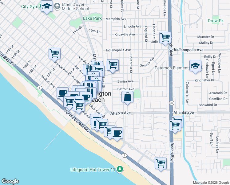 map of restaurants, bars, coffee shops, grocery stores, and more near 208 Detroit Avenue in Huntington Beach