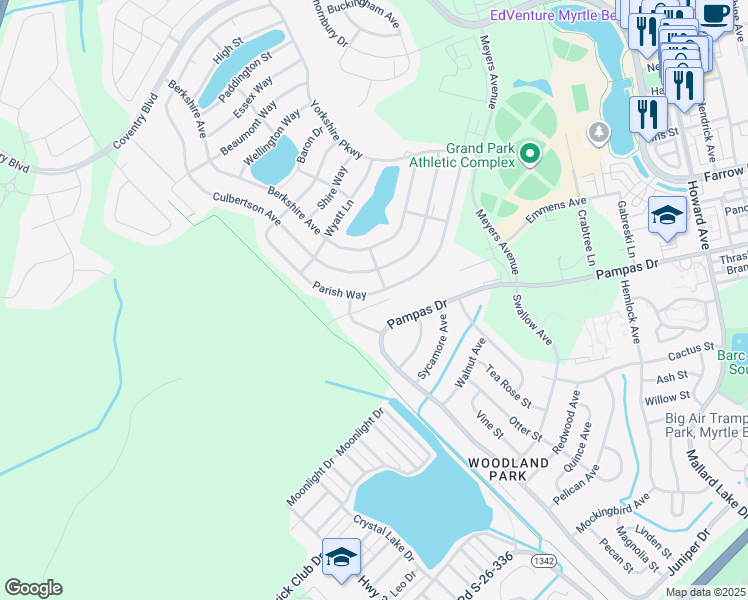 map of restaurants, bars, coffee shops, grocery stores, and more near 1619 Parish Way in Myrtle Beach