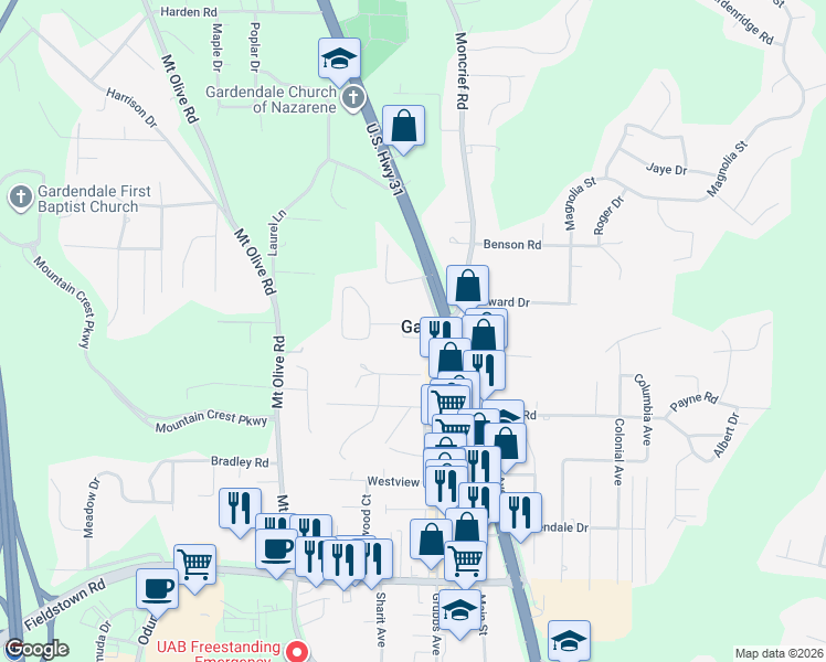 map of restaurants, bars, coffee shops, grocery stores, and more near 120 Handley Road in Gardendale