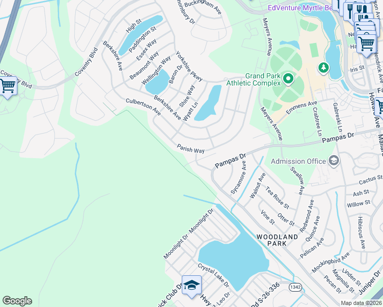 map of restaurants, bars, coffee shops, grocery stores, and more near 1565 Parish Way in Myrtle Beach