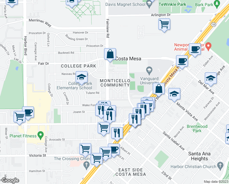 map of restaurants, bars, coffee shops, grocery stores, and more near 159 Lexington Lane in Costa Mesa