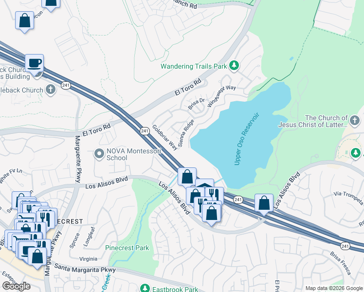 map of restaurants, bars, coffee shops, grocery stores, and more near 101 Sienna Ridge in Mission Viejo