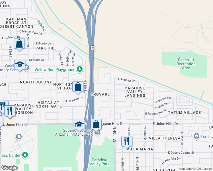 map of restaurants, bars, coffee shops, grocery stores, and more near 3927 E Taro Ln in Phoenix