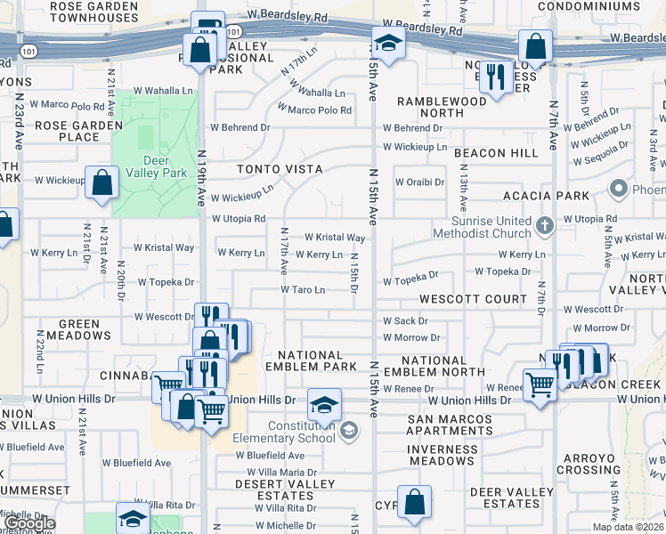 map of restaurants, bars, coffee shops, grocery stores, and more near 1548 W Topeka Dr in Phoenix