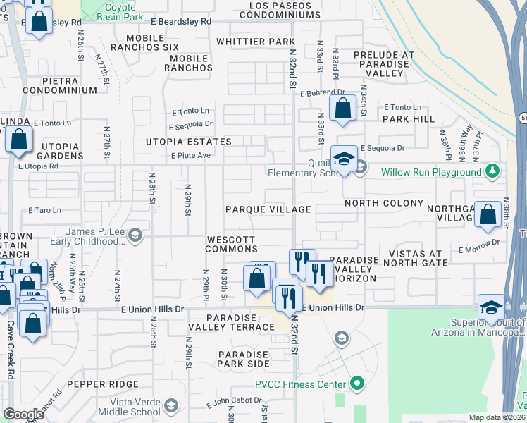 map of restaurants, bars, coffee shops, grocery stores, and more near 3104 East Taro Lane in Phoenix