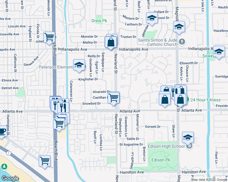 map of restaurants, bars, coffee shops, grocery stores, and more near 20832 Mission Lane in Huntington Beach